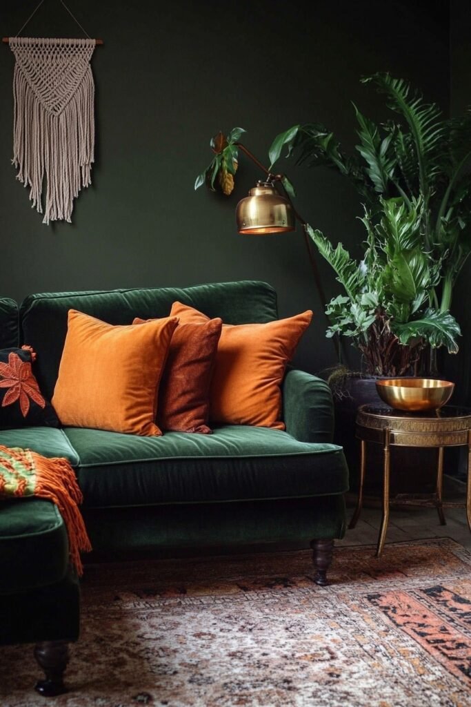 1. Dark Velvet Sofa with Eclectic Pillows