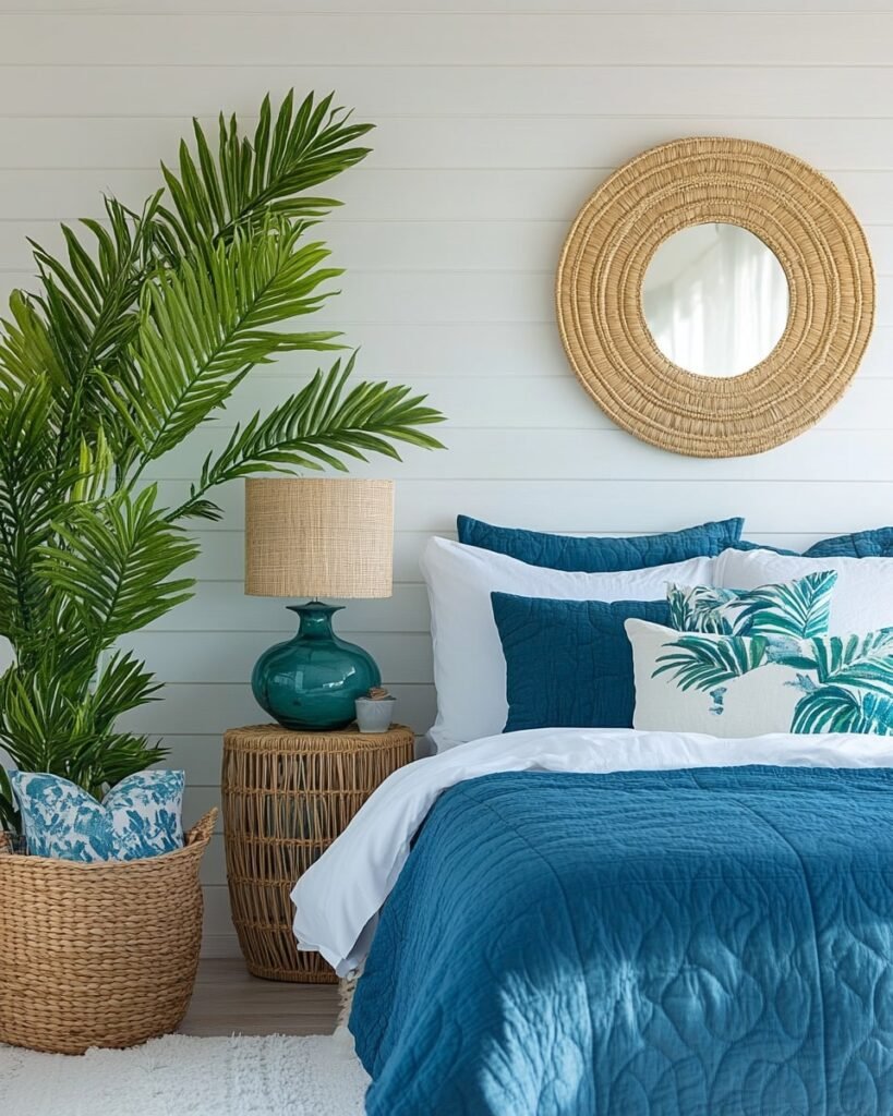 Coastal-Inspired Blue Bedroom with Tropical