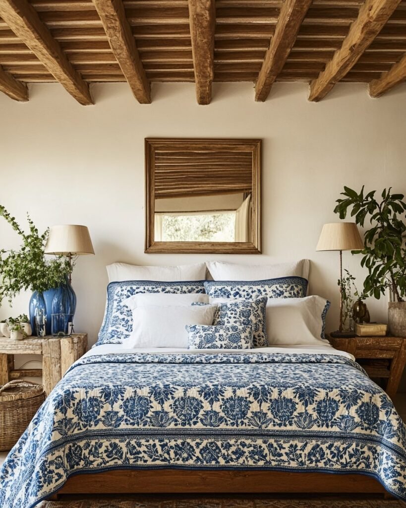 Blue Floral Textiles Meet Rustic Bedroom