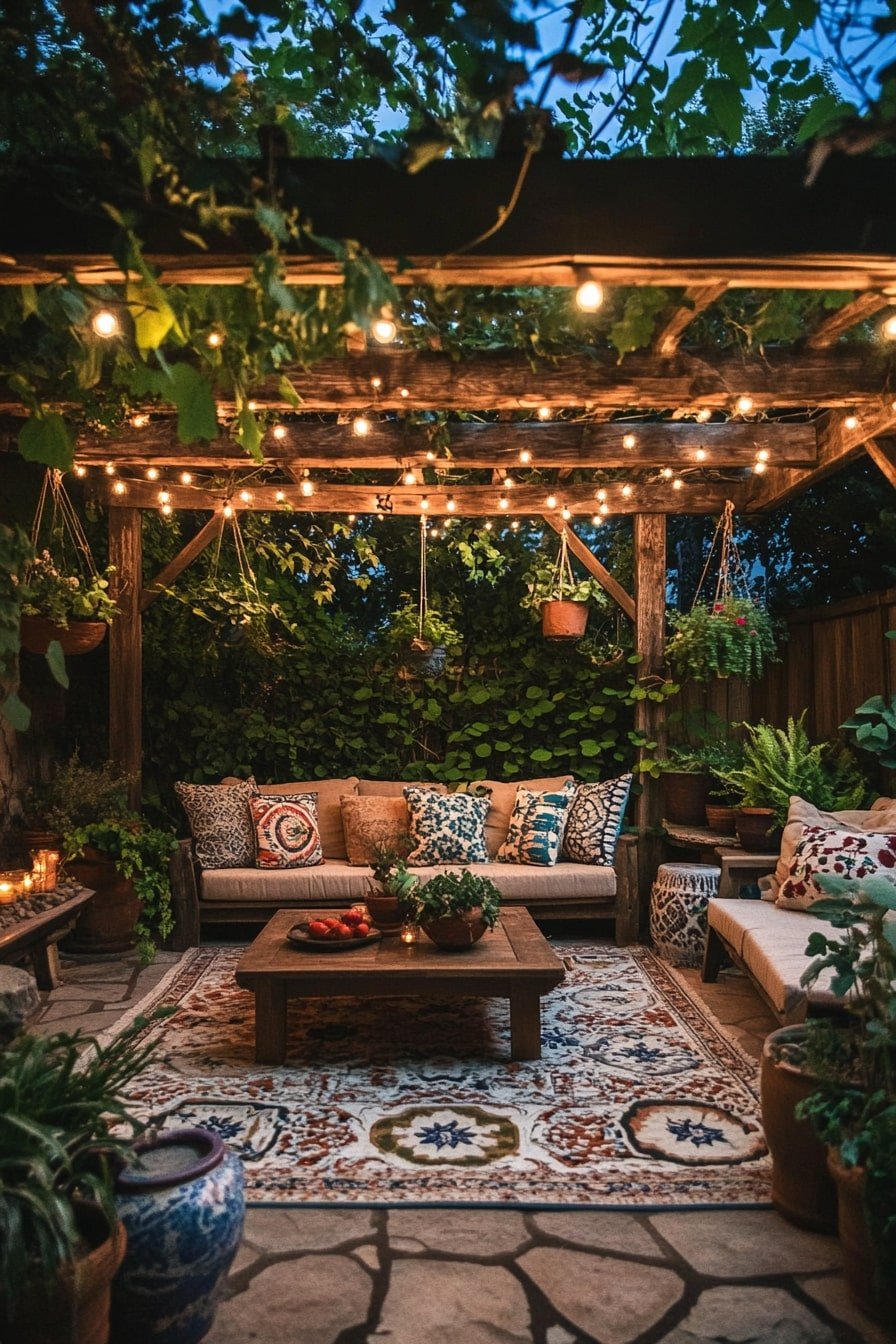 Boho-Inspired Outdoor Lounge with Twinkling Lights