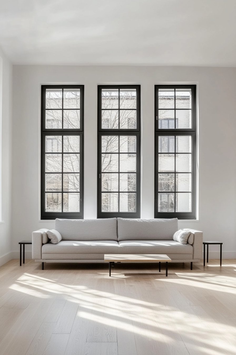 6. Minimalist Gray Sofa in a Sunlit Room