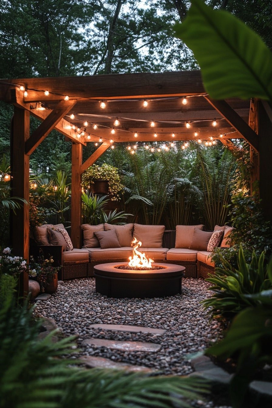 Cozy Outdoor Fire Pit Lounge with String Lights