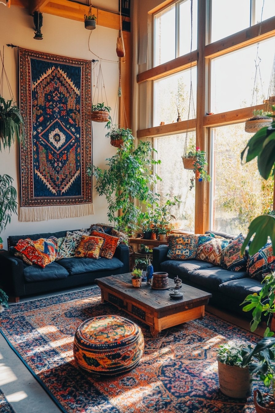 9. Boho-Inspired Living Room Around a Blue Sofa