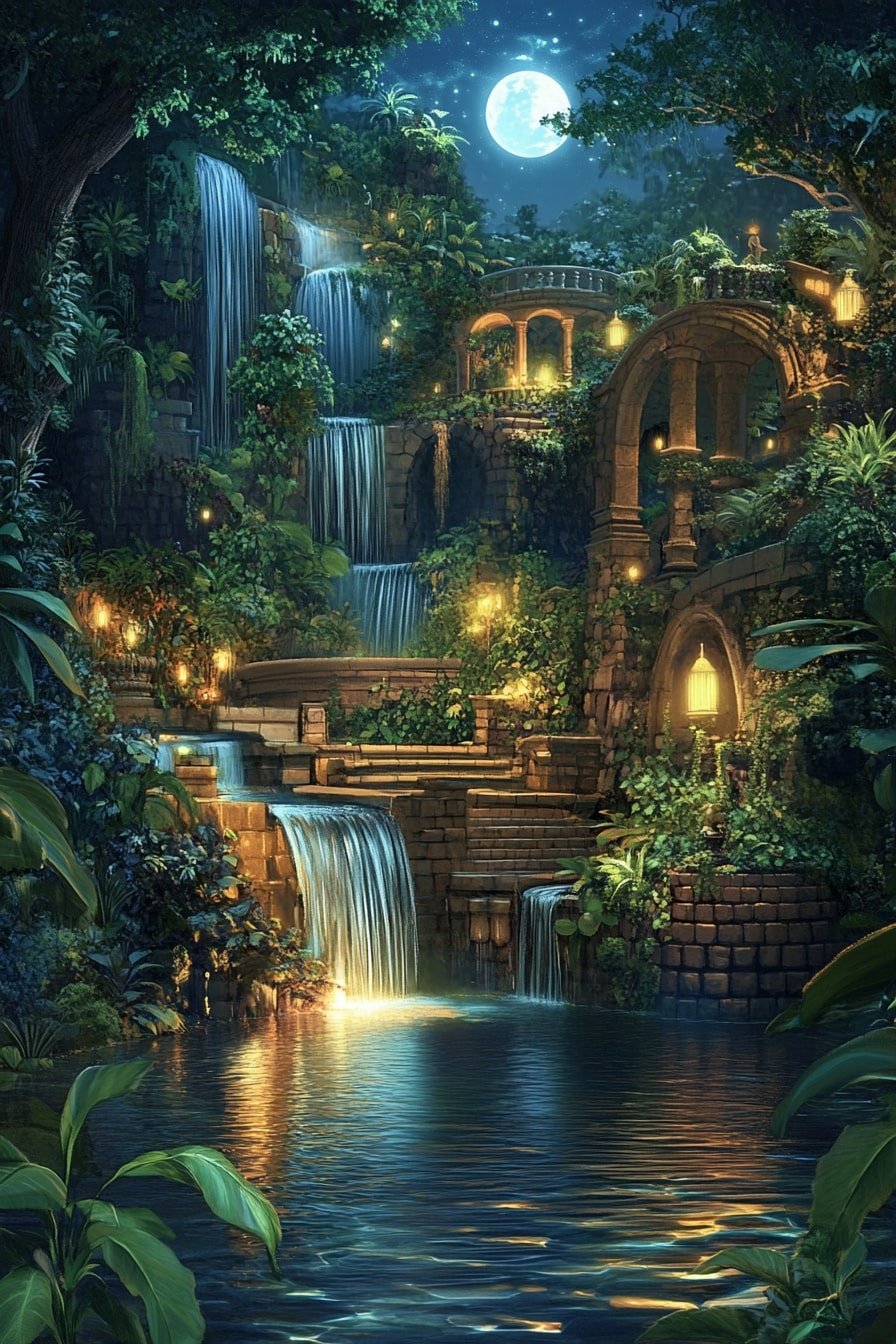 Create a Dreamy Moonlit Waterfall Garden
