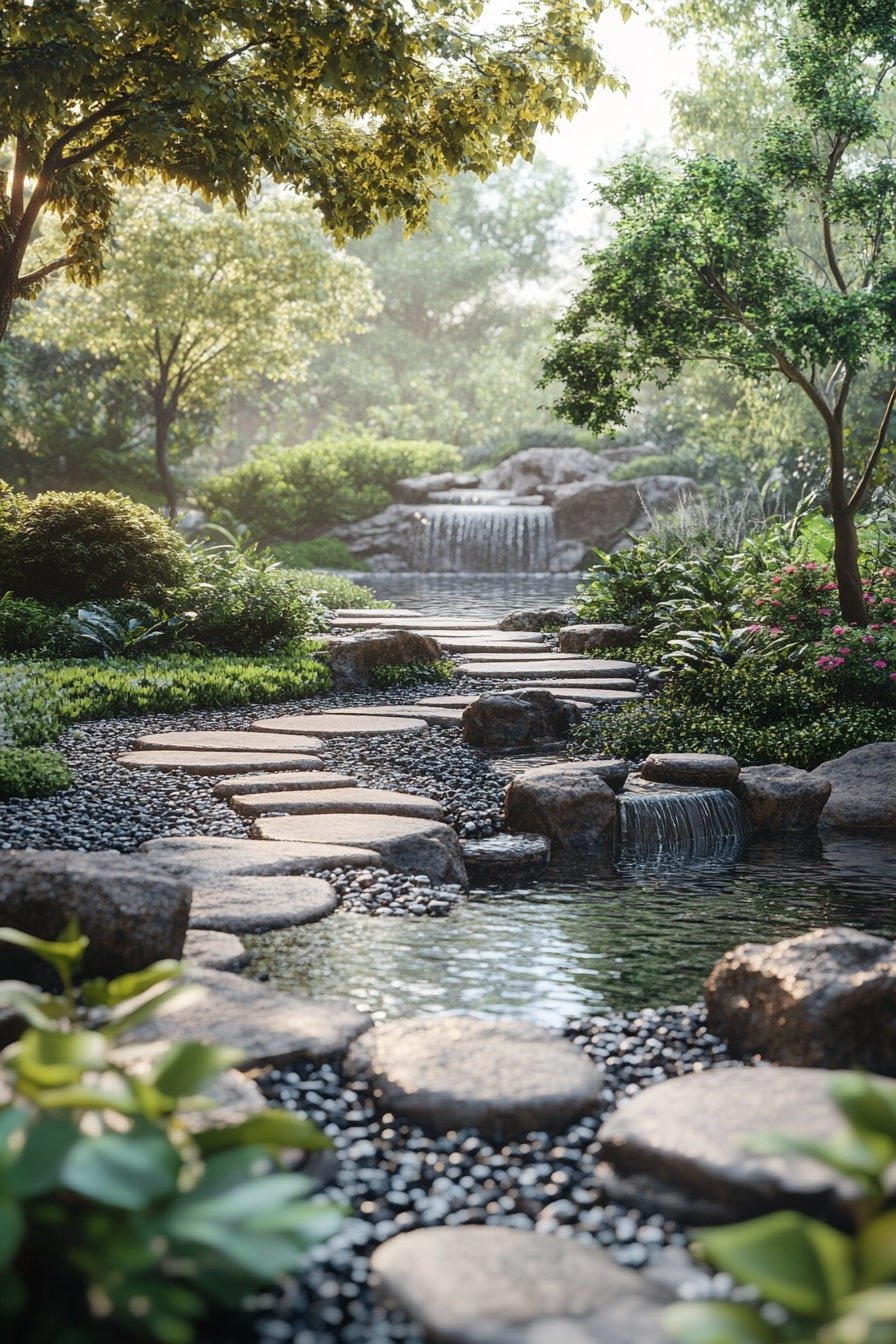 Create a Tranquil Garden Path with Cascading Waterfalls