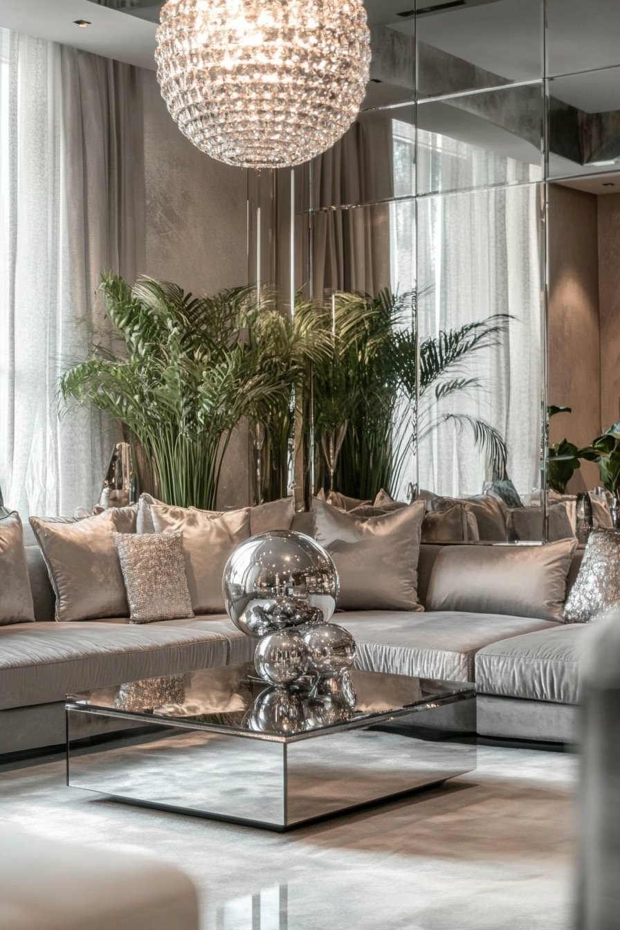 14. Elegant Silver and Mirror Living Room Design