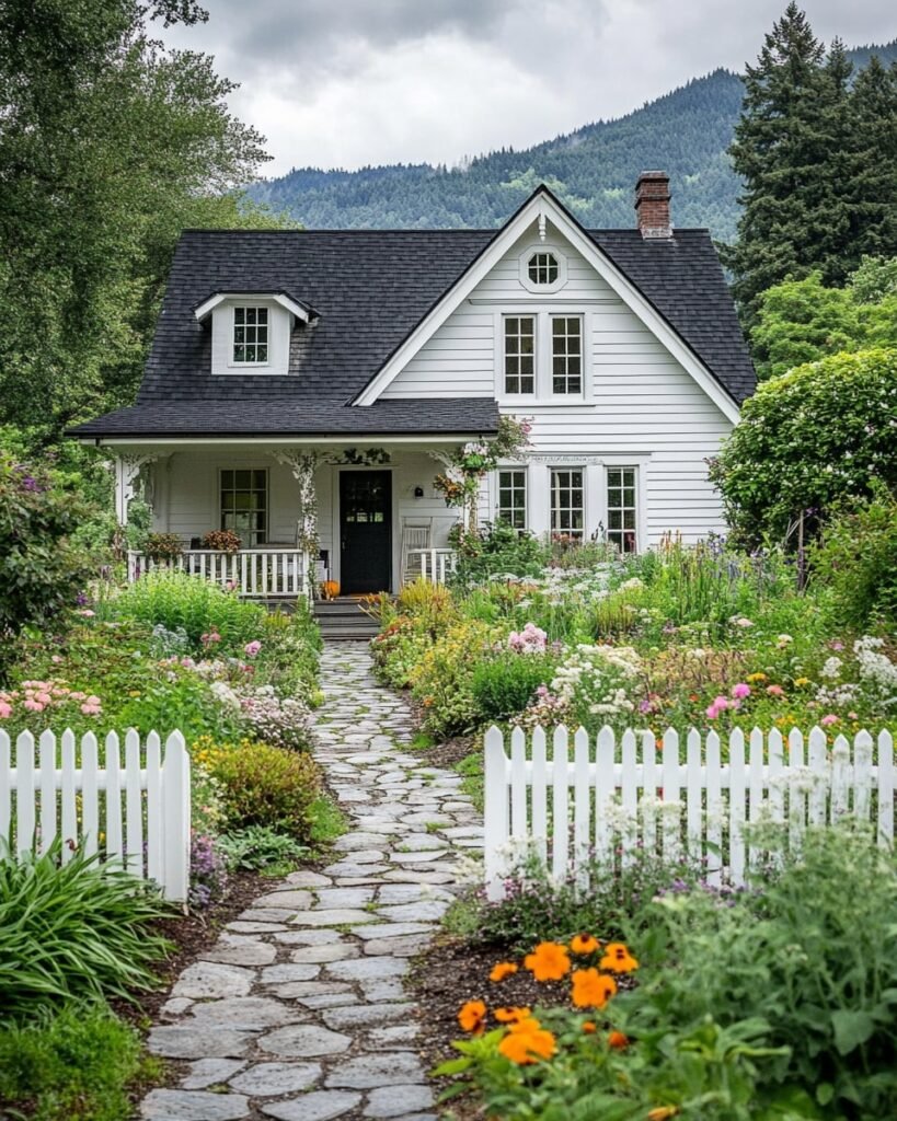 White Cottage Nestled in a Mountain Garden