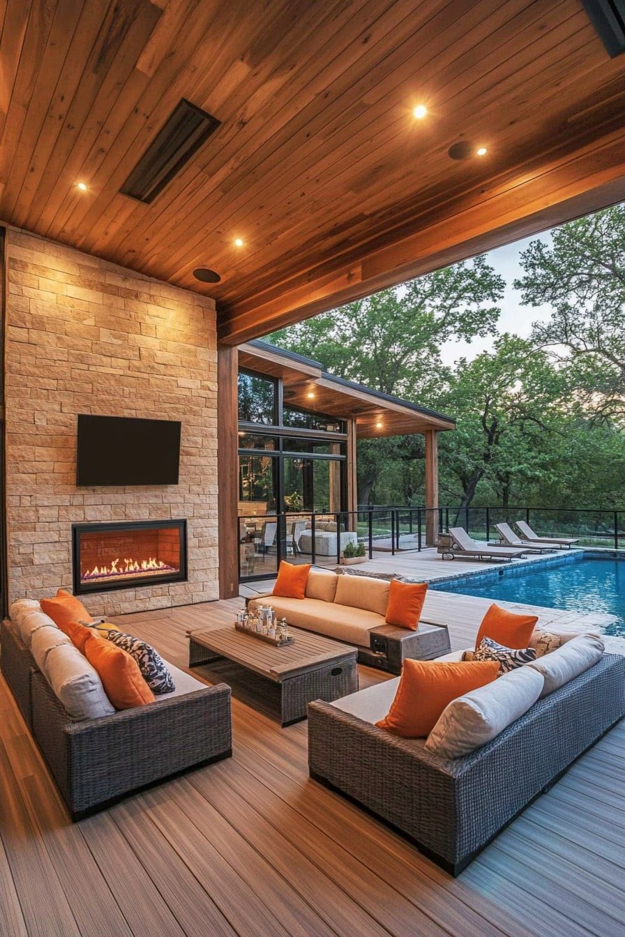 Sophisticated Poolside Lounge with Cozy Fireplace