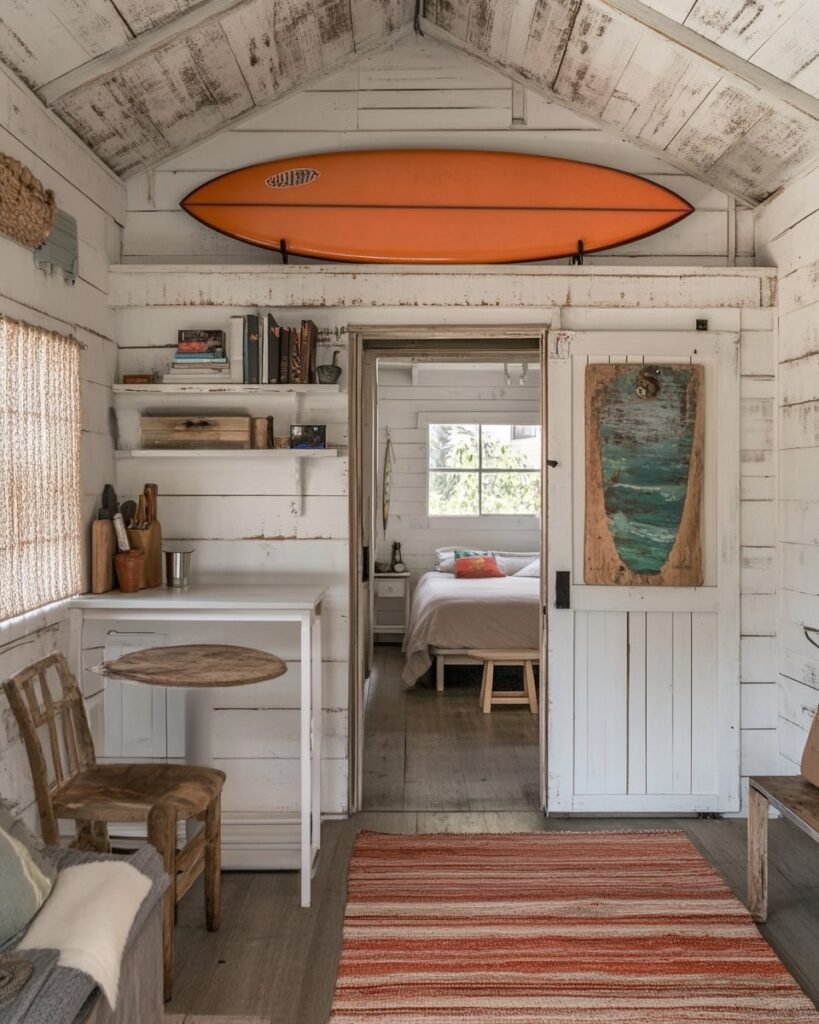 Beach Cabin with Bright Orange Surfboard