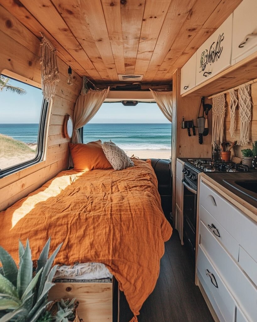 Warm Wood Interior and Beach Views