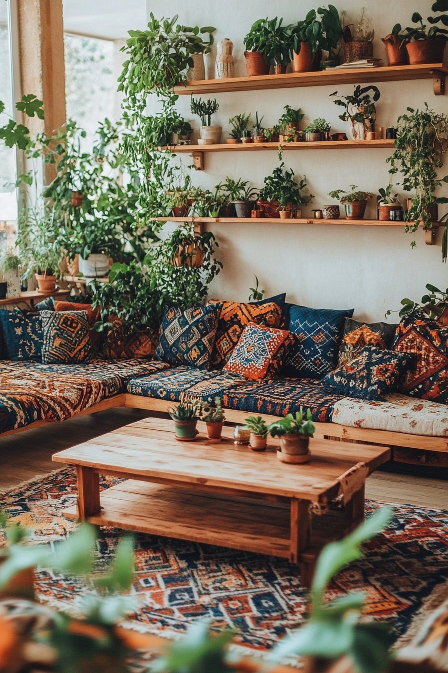 13. Transform Your Living Room with a Bohemian Plant Wall