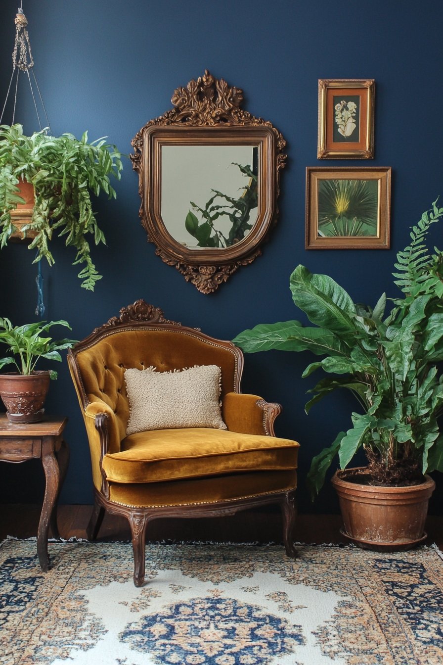 7. Vintage Elegance in a Moody Boho Corner