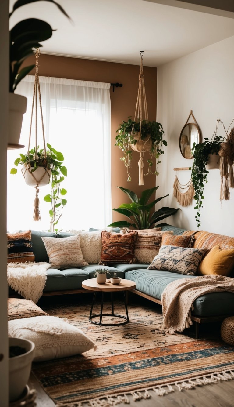 A cozy bohemian living room with layered rugs, low seating, hanging plants, and eclectic decor. A mix of patterns, textures, and earthy tones create a relaxed and inviting atmosphere