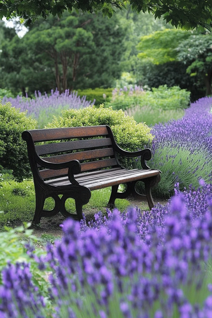 Bench Encircled by Lavender Bushes