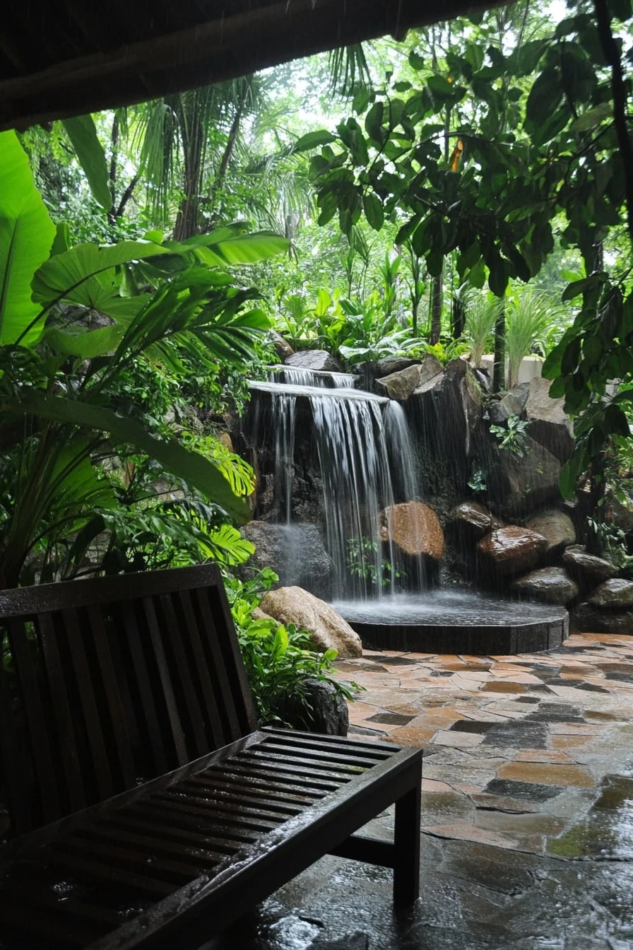 Bench Overlooking a Waterfall Feature