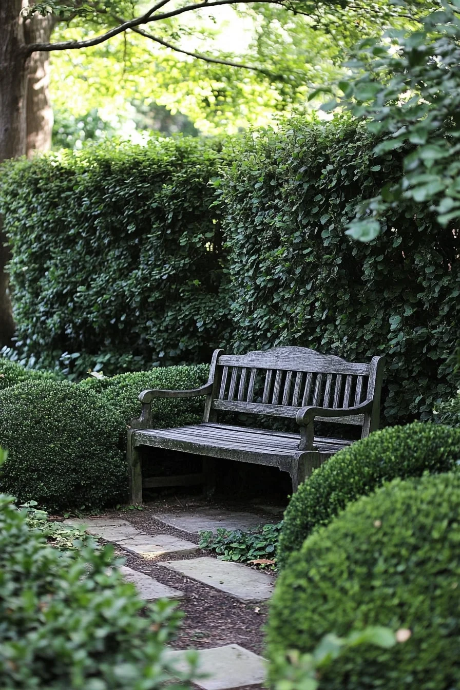 Bench Tucked Into a Boxwood Hedge