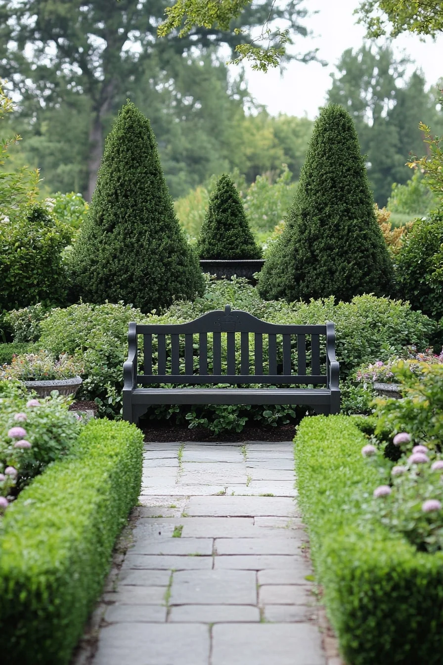 Bench with Sculpted Topiary Surrounding