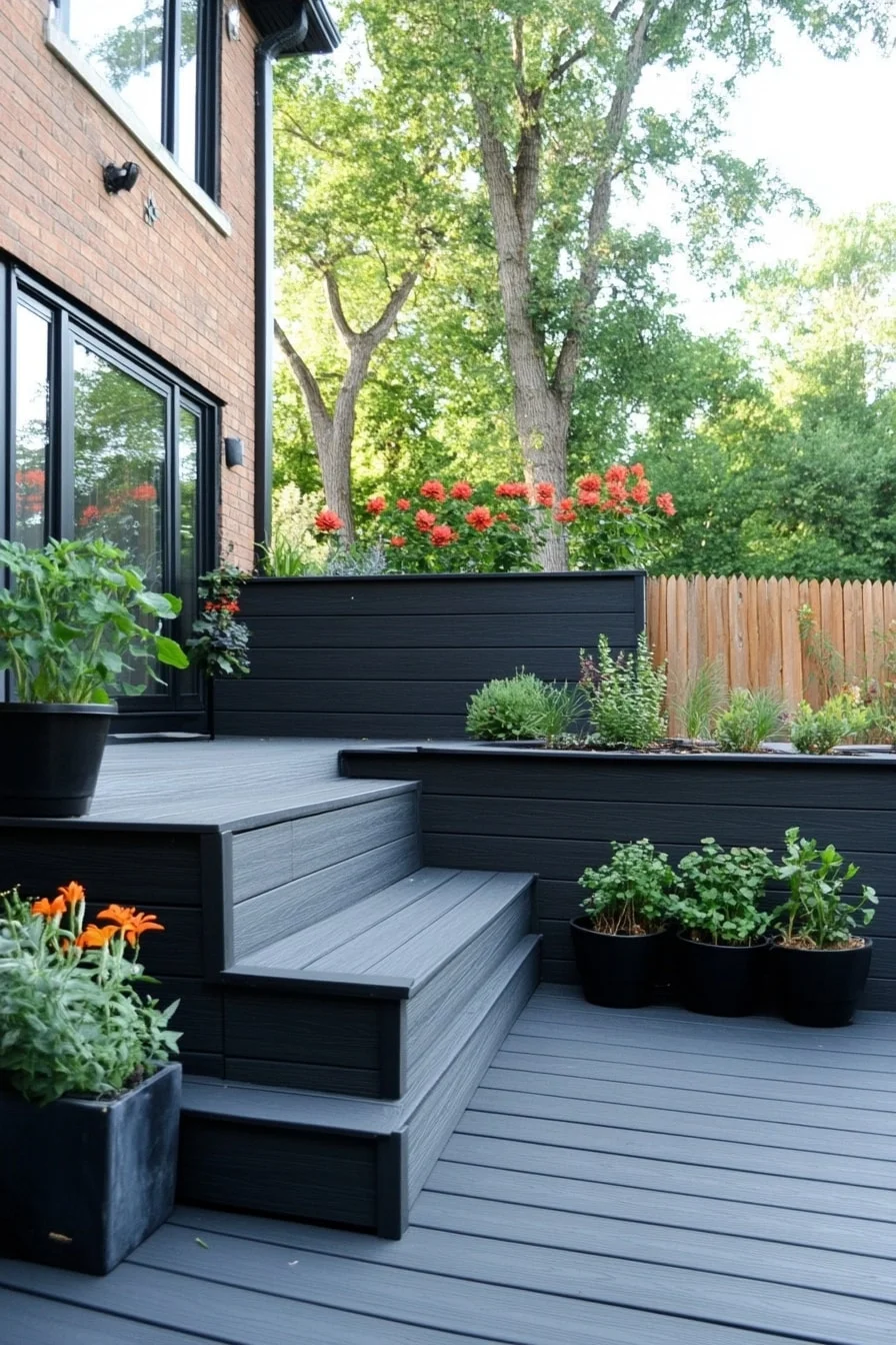 Black Composite Deck with Built-In Planters
