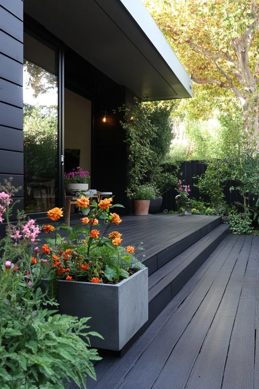 Black Deck with Concrete Planters