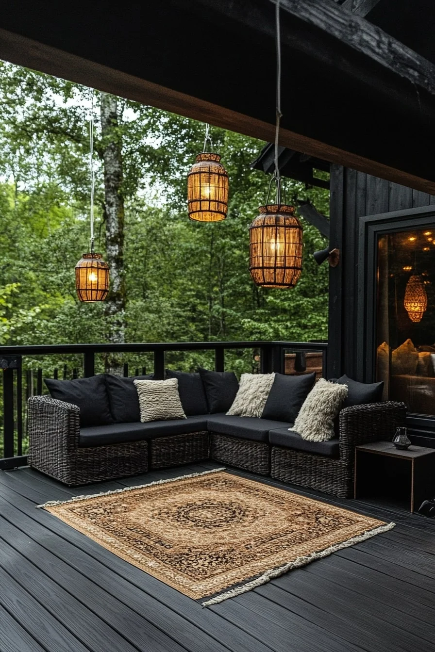 Black Deck with Outdoor Rug and Lanterns