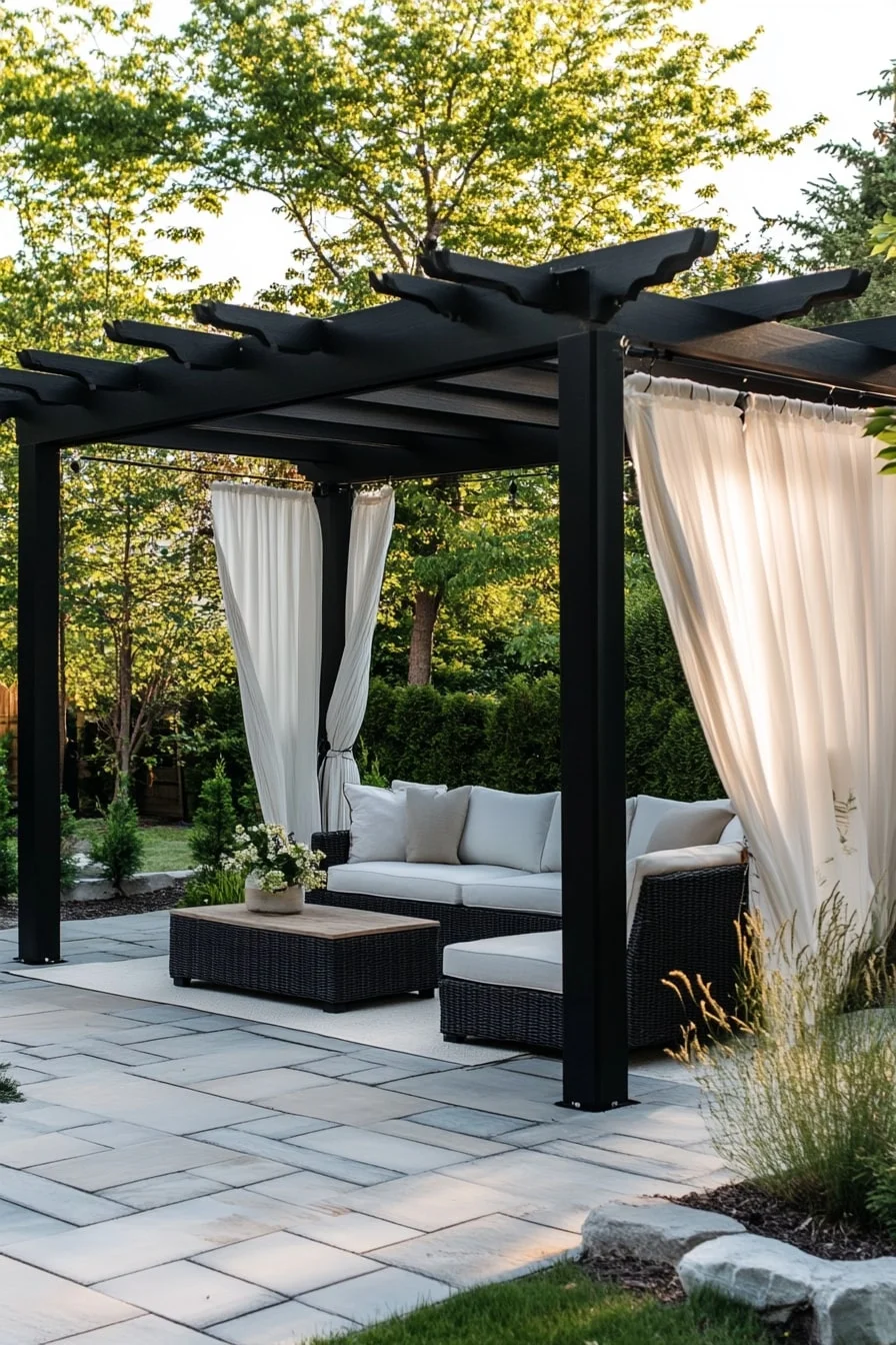 Black-Framed Pergola with White Drapes