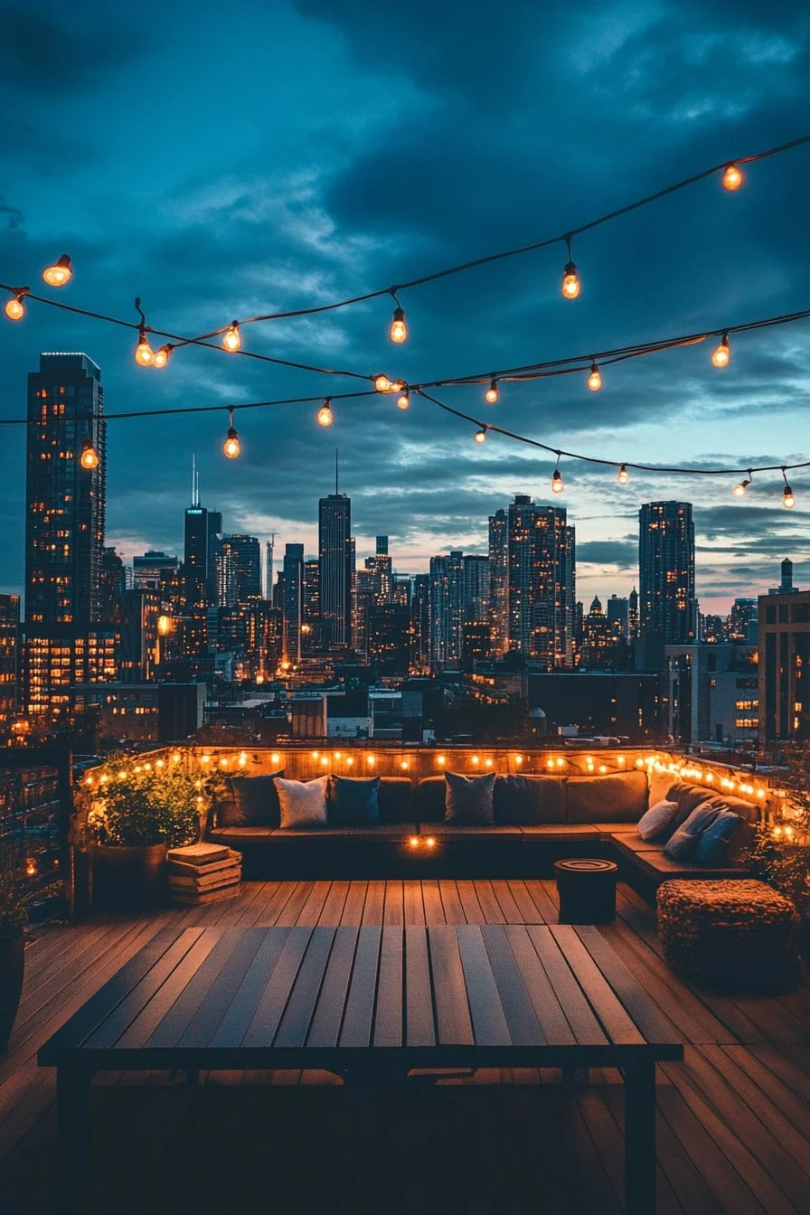 Black Rooftop Deck with String Lights