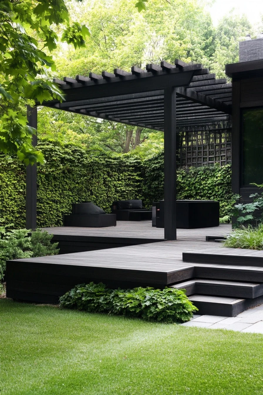 Black Stained Wood Deck with Pergola