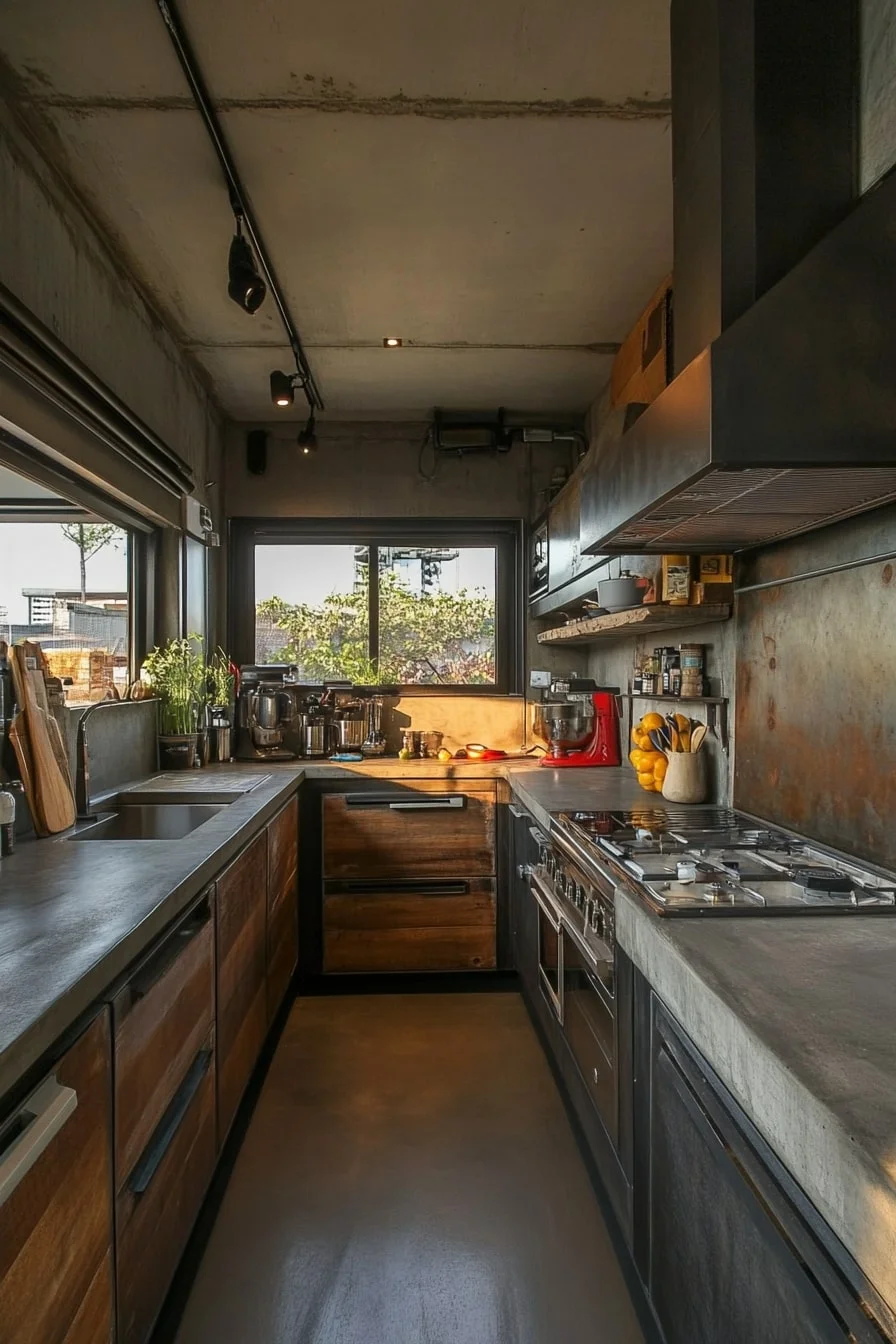 19. Black and Brown Combo Kitchen with Concrete Elements