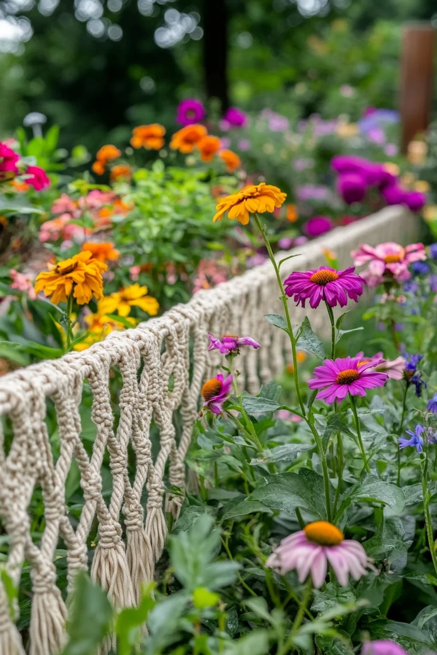 31. Boho-Inspired Flower Bed with Macramé Fence Accents