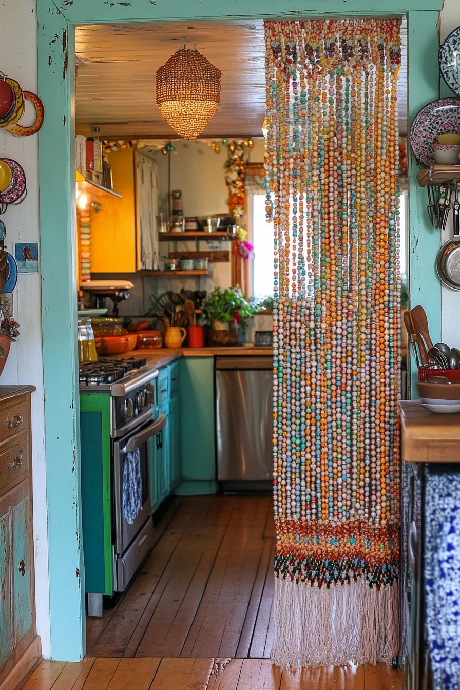 44. Boho Kitchen With Beaded Curtains at Pantry Entry