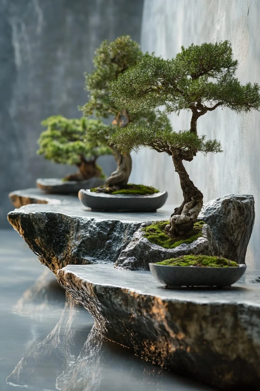 35. Bonsai in Shallow Stone Dishes