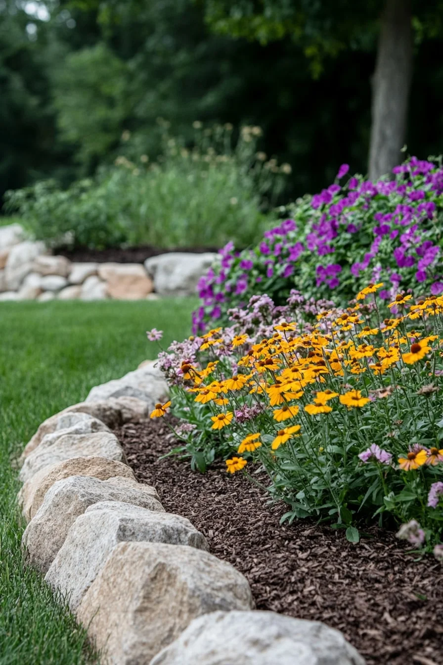 2. Boulder Border Around a Mulch Bed