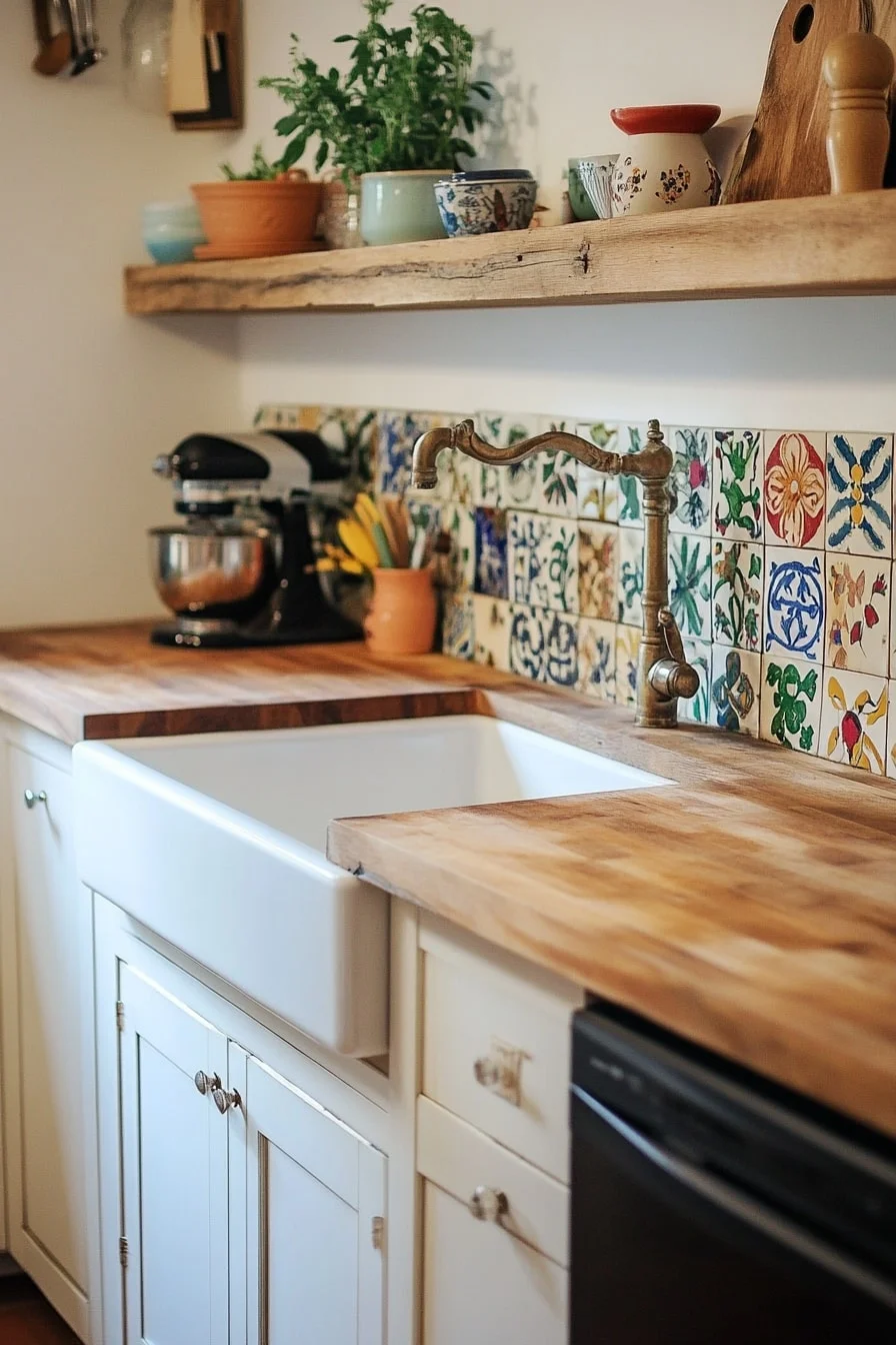 11. Butcher Block Counters With Painted Tile Backsplash