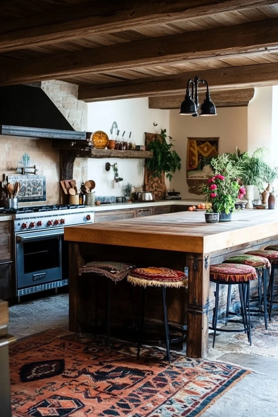 40. Butcher Block Island With Kilim Upholstered Stools