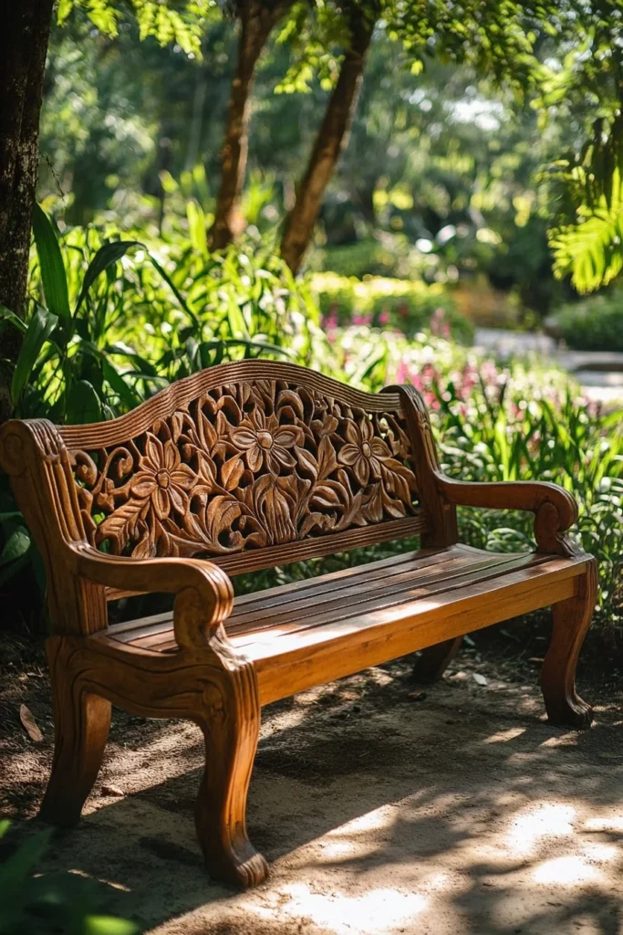 Carved Wooden Bench with Floral Details