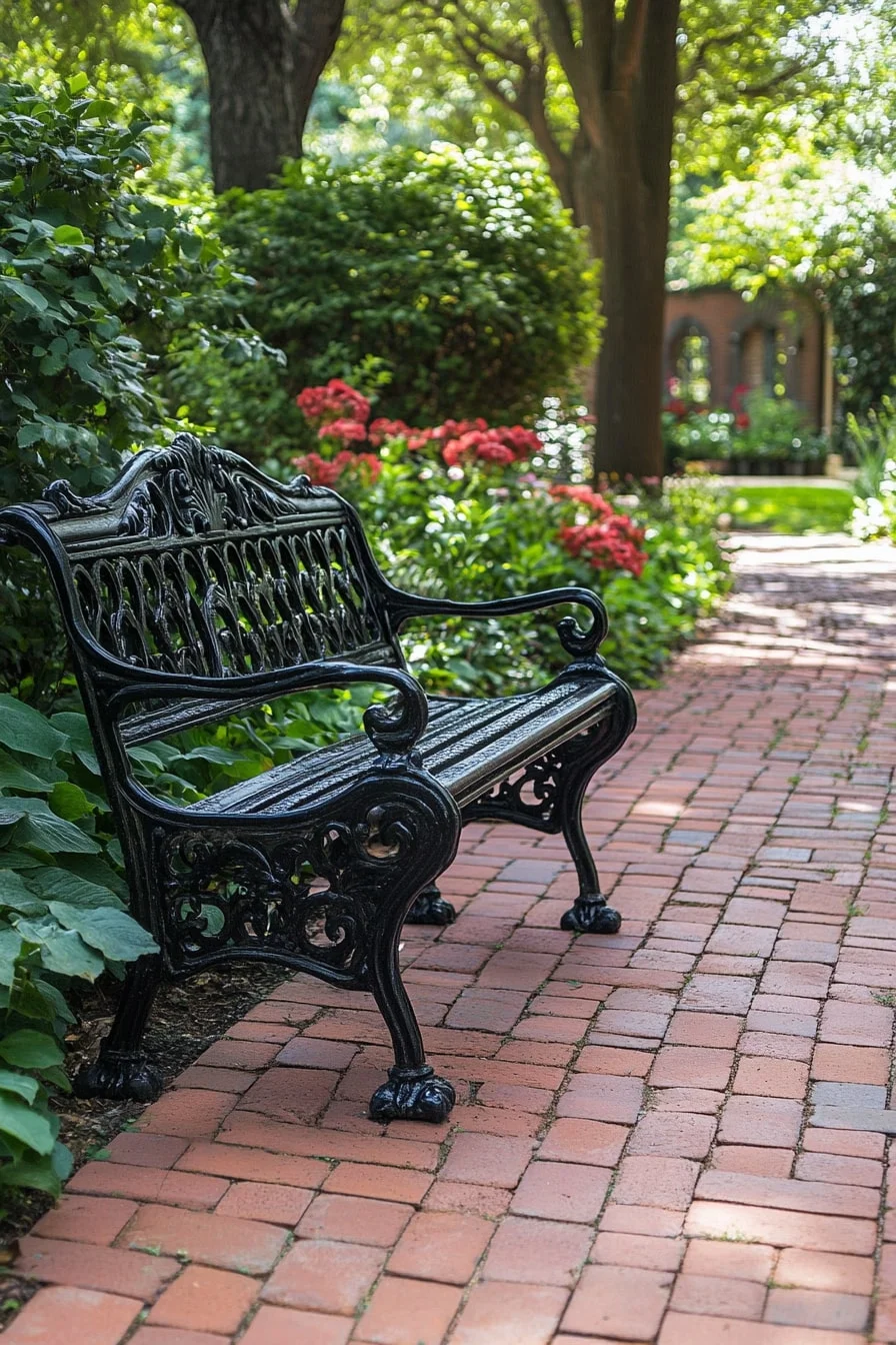 Cast Iron Bench Along a Brick Path