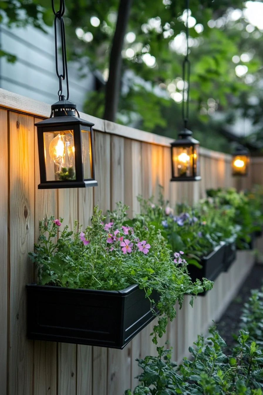 16. Cedar Raised Bed with Fence-Hung Lanterns