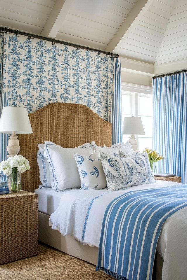 Coastal Twin Bedroom with Woven Accents and Fresh Blues