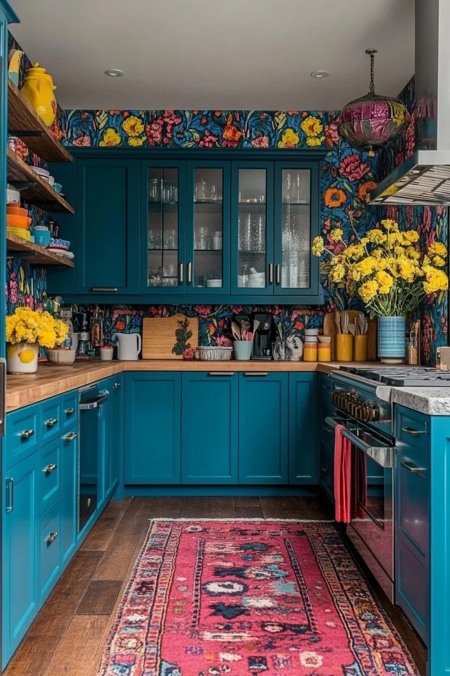 10. Colorful Cabinets With Floral Wallpaper
