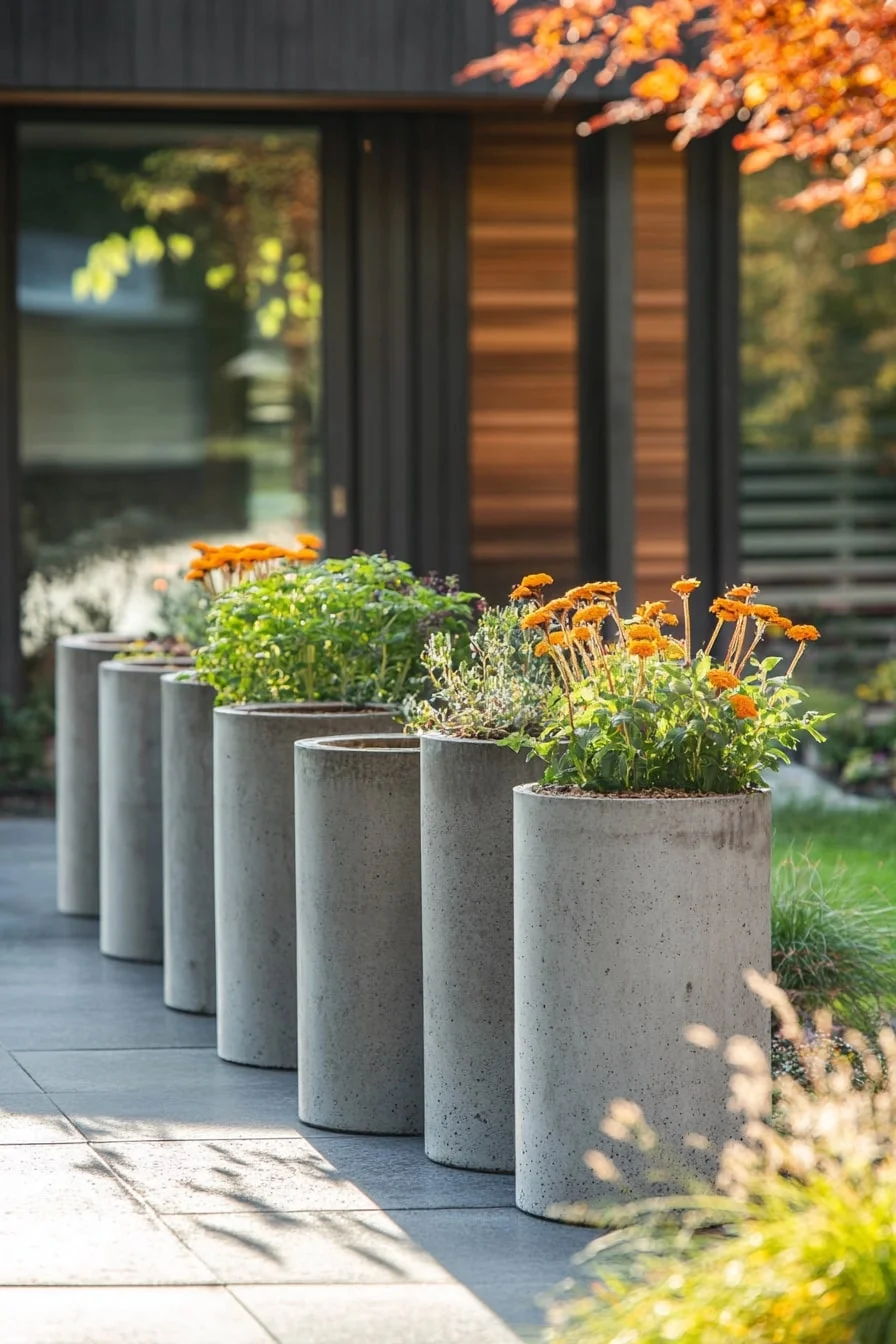 25. Concrete Cylinder Planters in a Row