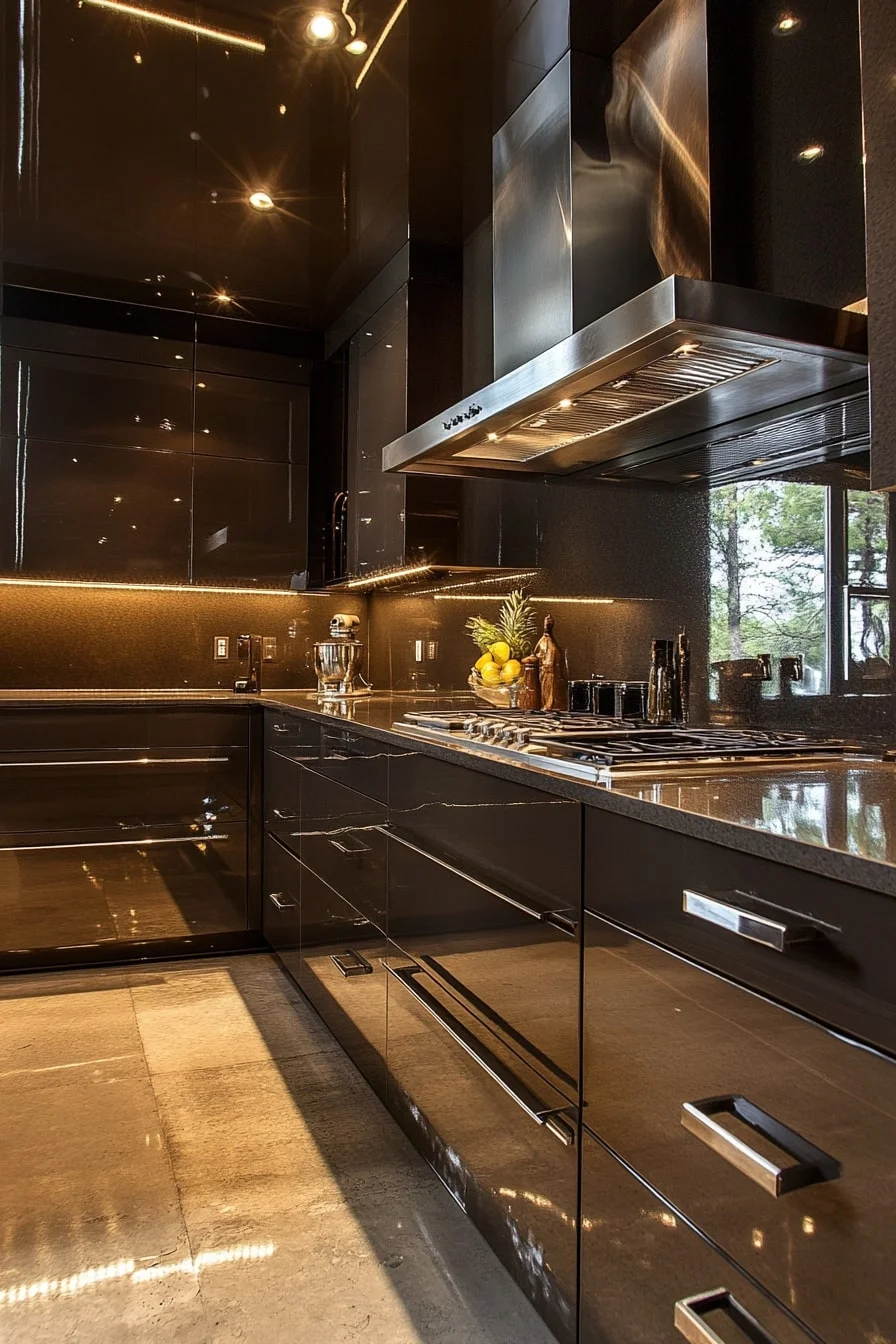 7. Contemporary Kitchen with Glossy Dark Brown Cabinets