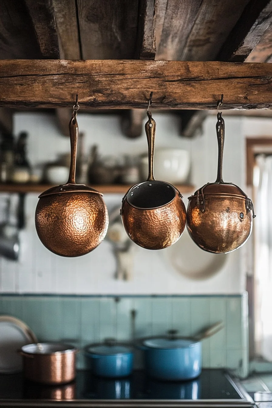 13. Copper Pots Hanging From a Wood Beam