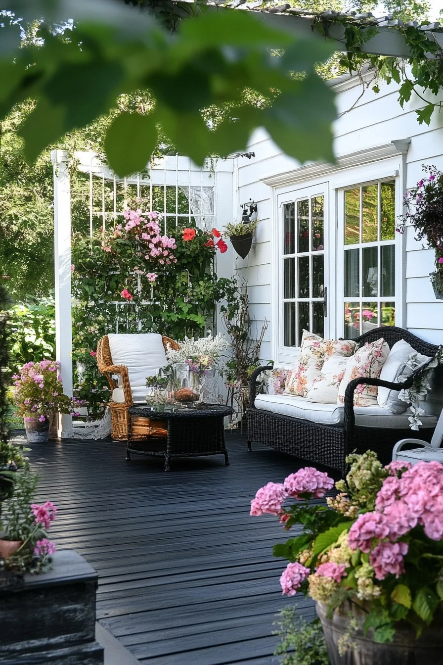 Cottage-Style Deck with Black and Floral Decor