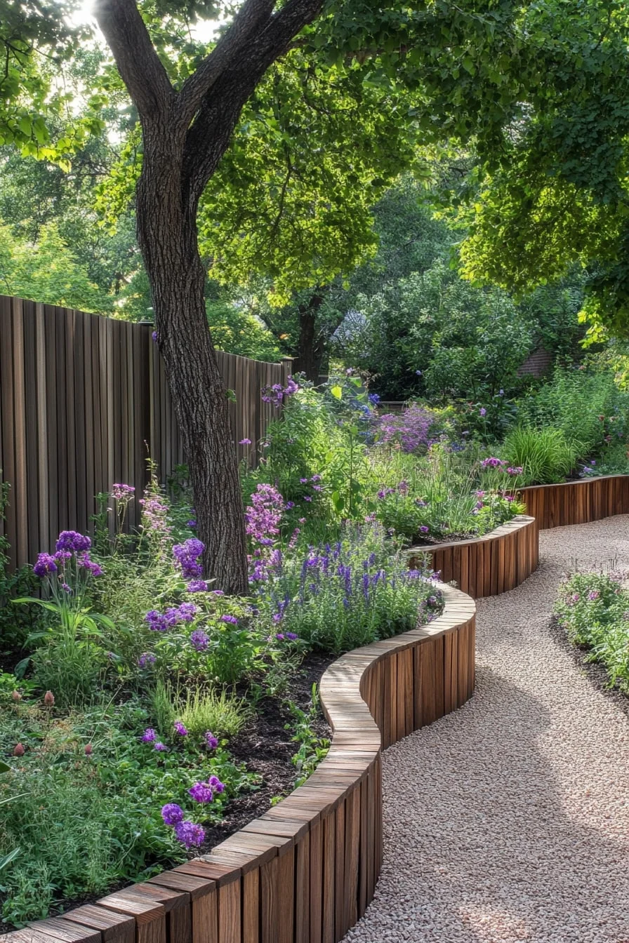 20. Curved Wooden Raised Bed in Front of Fence