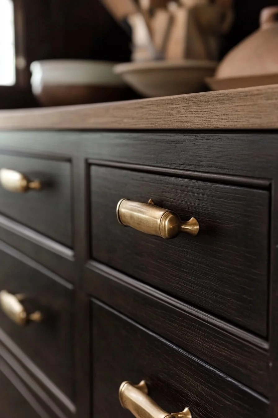 4. Dark Brown Cabinets with Brass Hardware