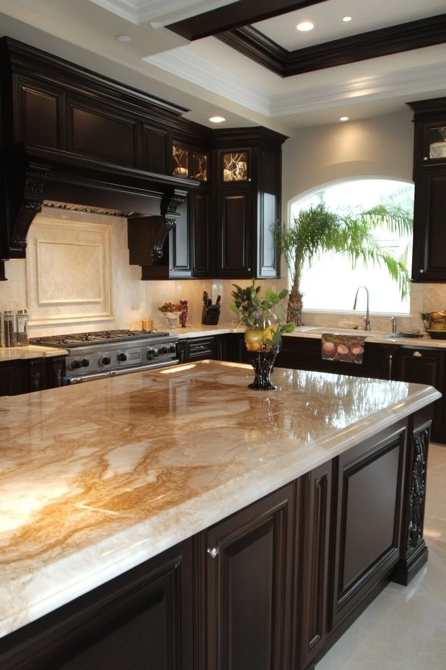 8. Dark Brown Cabinets with Marble Countertops