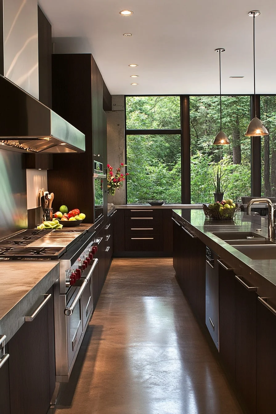 13. Dark Brown Cabinets with Stainless Steel Appliances