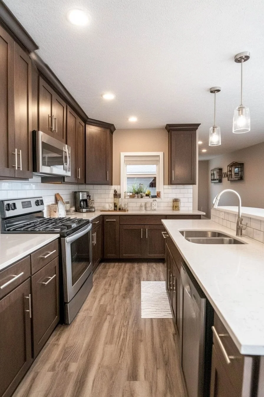 2. Dark Brown Shaker Cabinets with White Quartz Counters