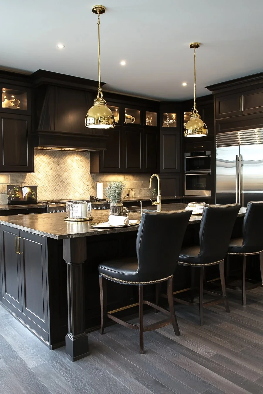 21. Dark Cabinet Kitchen with Gold Pendant Lights