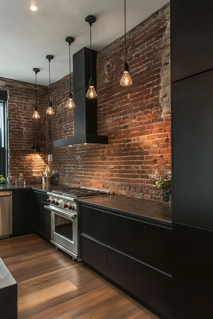 10. Dark Cabinets with Exposed Brick Wall